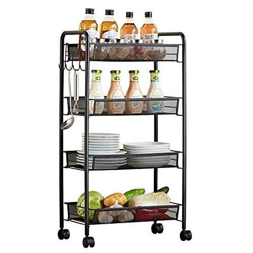 Mesh Rolling Utility Cart Multifunctional Storage Cart with 4 Free Rolling Casters, 2 Lockable Wheels, 4 Hooks for Home, Office, Kitchen, Bathroom, Bedroom, Storage Organizer (Black, 4-Tier)