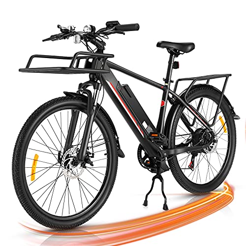 26” Electric Bike E Bikes for Adults, Electric Mountain Bike for Men, 20MPH Electric Trek Bike Commuter Bicycle for Adult 350W Hybrid e Bike with 36V/10.4AH Removable Battery, Front Cargo Rack