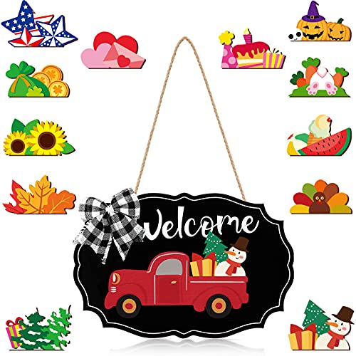 Qunclay 12 Pieces Interchangeable Truck Blank Welcome Sign Seasonal Truck Sign Red Truck Decor with Wooden Cutouts for Holiday Thanksgiving Halloween Christmas Party (Black,Pure Style)