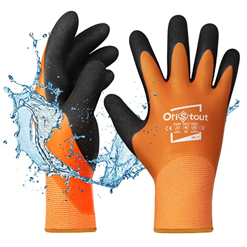 OriStout Waterproof Winter Work Gloves for Men and Women, Freezer Gloves for Working in Freezer, Thermal Insulated Fishing Gloves, Super Grip, Orange, Large