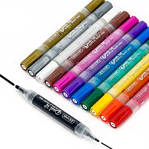 ZEYAR Dual Tip Paint Pens, Medium and Extra Fine, Water Based Acrylic & Waterproof Ink, Assorted Colors, Works on Rock, Wood, Glass, Metal, Ceramic and More (12 Colors)