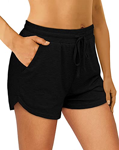 OFEEFAN Shorts for Women Casual Summer Workout Shorts for Women with Drawstring Black M