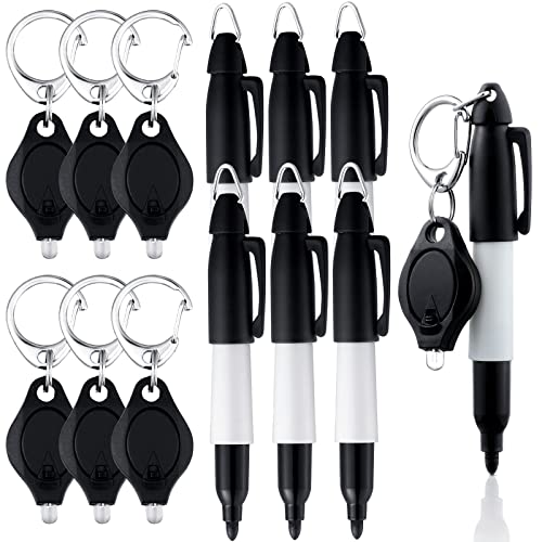 12 Pieces Mini Flashlight Keychain Permanent Marker Keychain for Badge Set LED Key Ring Light Bullet Tip Fine Point Markers (Black)