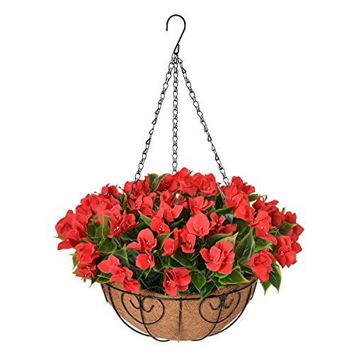 Artificial Flowers Hanging Basket, Fake Hanging Plant Silk Bougainvillea Flowers, Faux Flower Arrangement for Outdoor Indoor Garden Yard Pouch Patio Indoor Home Decoration (Red)