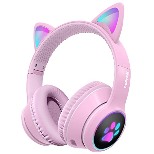 Mokata Gaming Bluetooth 5.0 Wireless Headphones Over Ear Cat LED Light Foldable Music Headset with AUX 3.5mm Microphone (Built-in) for Adult & Kids PC TV Game Music Pad Laptop Cellphone Pink