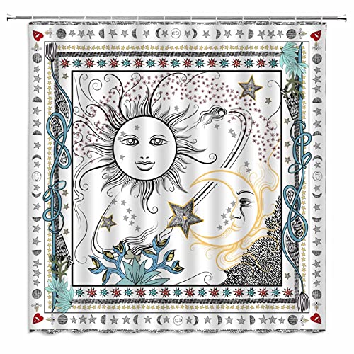 YSATNSFT Sun and Moon Shower Curtain Burning Stars Universe Starry Sky Mandala Celestial Abstract White and Black Decor Medallion Mystic Boho Chic Art Fabric Bathroom Decor Set with Hooks(70″ WX70 H)