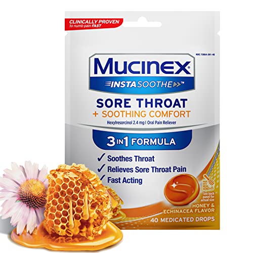 Mucinex InstaSoothe Sore Throat + Soothing Comfort Honey & Echinacea Flavor, Fast Acting, Powerful Sore Throat Oral Pain Reliever, 40 Medicated Drops