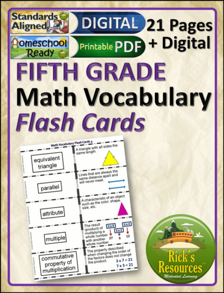 Math Vocabulary Flash Cards 5th Grade Print and Digital Versions