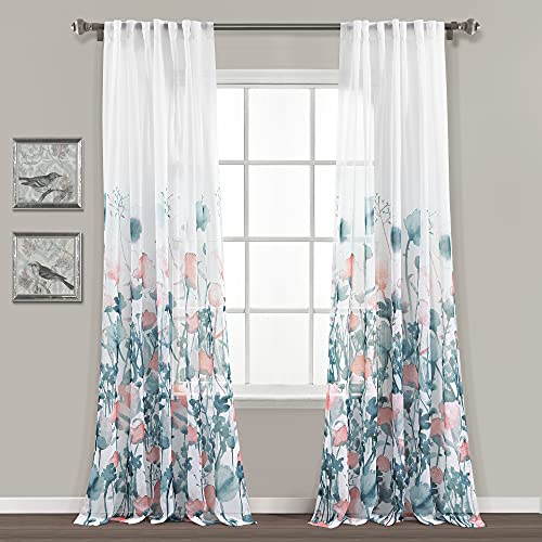 Lush Decor Zuri Flora Sheer Window Curtain Panel Pair, 84″ Long x 38″ Wide, Blue & Coral