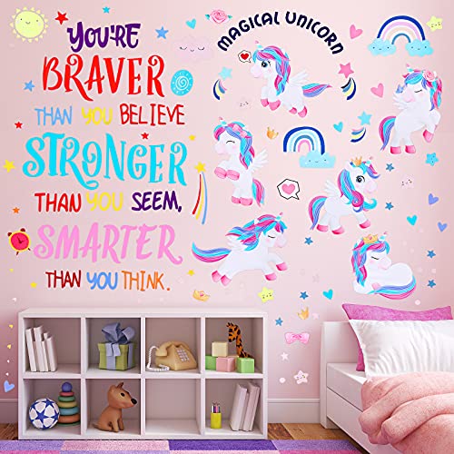 5 Sheets Unicorn Wall Decals Removable Unicorn Wall Stickers Colorful Inspirational Wall Decal Motivational Phrases Sticker for Girls Kids Bedroom Nursery Birthday Party