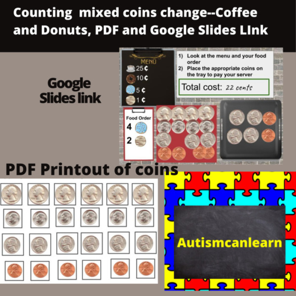Counting mixed coins coffee and donuts, PDF and Google slides