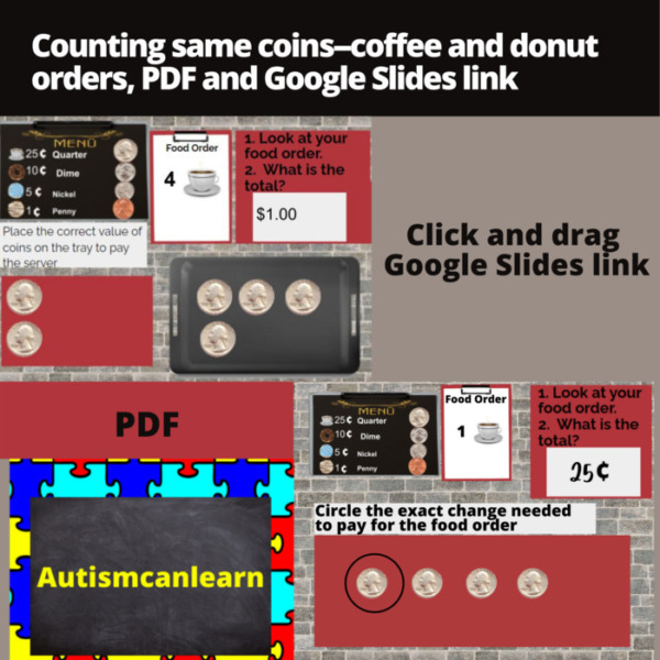 Counting same coins–coffee and donut orders, PDF and Google Slides link