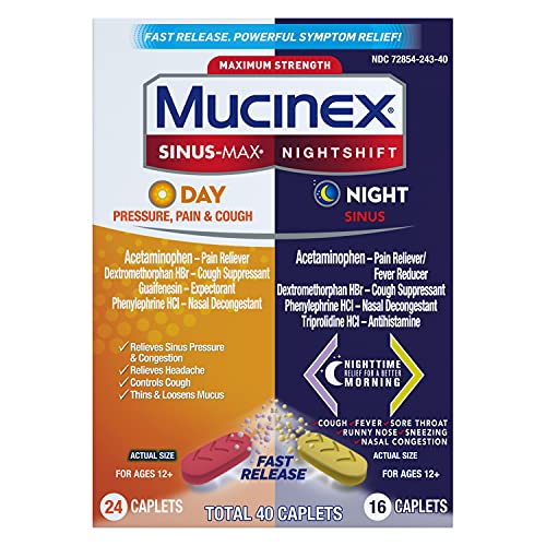 Mucinex Maximum Strength Sinus-Max Pressure, Pain & Cough & Nightshift Sinus Caplets, Fast Release, Powerful Multi-Symptom Relief, 40 Count