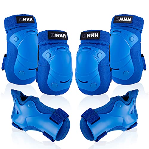 NHH Skateboard Knee Pads Set – 6 In 1 Protective Gear Set Knee Pads Elbow Pads and Wrist Guards for Kids Youth Adults Men and Women (Blue-Blue, Medium)