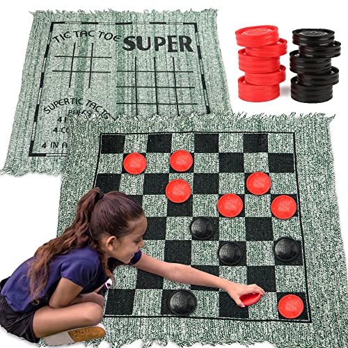 JOYIN 3-in-1 Vintage Giant Checkers and Tic Tac Toe Game with Reversible Mat (30″x 30″), 24 Chips, Family Board Game, Lawn Game, BBQ Party Favor, Indoor and Outdoor Activity for Kids and Adults