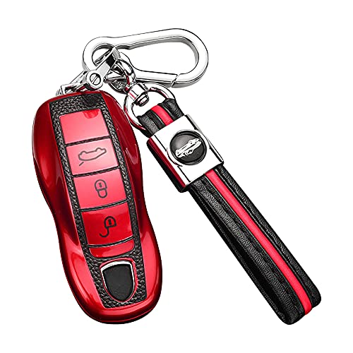 SANRILY Red Key Fob Cover Case for Porsche 2020 2021 Macan, 2015 2016 911 Cayenne Panamera Keyless Entry Remote Keychain Holder Soft Key Protector Shell