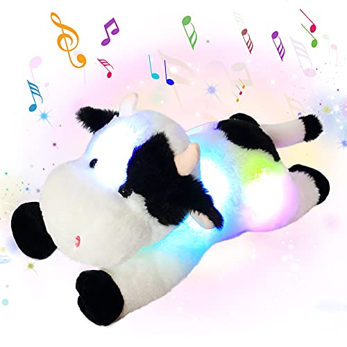 Cuteoy LED Musical Stuffed Cow Plush Toy Farm Animals Light up Dairy Cow with Night Lights Singing Glowing Birthday Easter Gifts for Toddler Kids, 15.5”