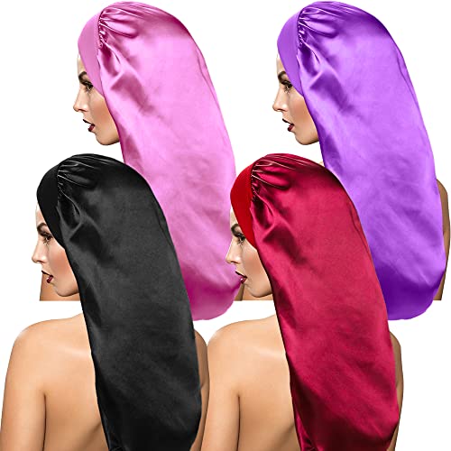 4 Pieces Extra Large Satin Sleep Cap for Long Hair,Long Dreadlock Night Sleep Bonnet for Women