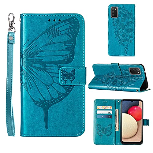 A02s Case,Wallet for Samsung A02s Case,[Kickstand][Wrist Strap][Card Holder Slots] Butterfly Floral Embossed PU Leather Flip Protective Cover for Galaxy A02s Case (Blue)
