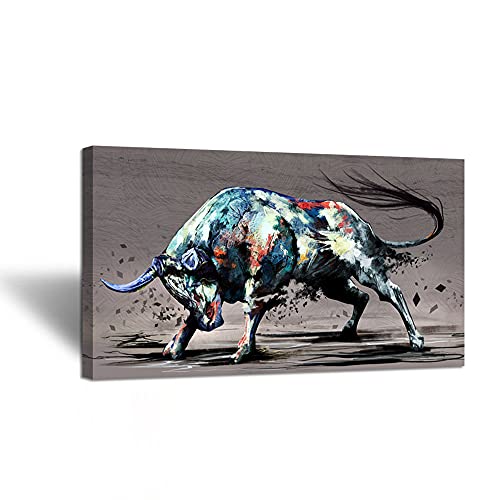 Zlove Large Bull Animal Canvas Wall Art Fighting Bull Wildlife Artwork Painting for Cowboy Gift Farmhouse Office Living Decor Stretched and Framed Ready to Hang 20x36inch