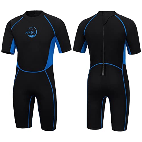 FitsT4 Kids Shorty Wetsuit 2.5mm Neoprene Thermal Swimsuit Keep Warm Girls Toddlers Boys Back Zipper for Diving Snorkeling Surfing Swimming Lessions Blue XL