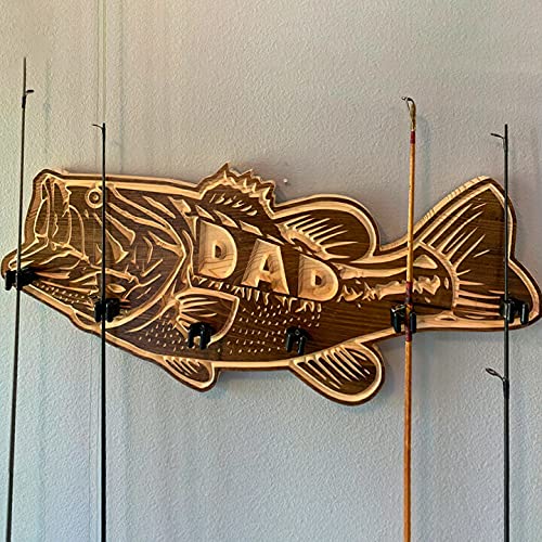 Felicy Fathers Day Wood Large Mouth Bass Fishing Rod Holder, Daddy favorite Wooden Fishing Rod Rack with Salmon Redfish Large Mouth Bass Shape Designs, Best Gift for Father (A – Large mouth bass)