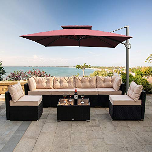 SHA CERLIN 7 Pieces Patio Furniture Sets with Heavy Duty Steel Frames, All-Weather Rattan Outdoor Sectional Sofa with Tea Table, Washable Beige Cushions Covers, Black