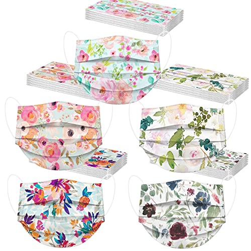 Peky 50 Pack Spring Flowers Face_Masks with 3 Layer Face Filter with Elastic Earloop, Breathable with Floral Print for Adult,Multicoloured,1-5