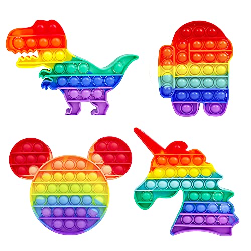 Push Pop Bubble Sensory Fidget Toy, Silicone Squeeze It Fidgets, Stress Anxiety Relief Popper Toys for Autism ADHD Special Needs Rainbow Multicolor 4 Pack Set: Unicorn, Robot, Dinosaur, Mouse