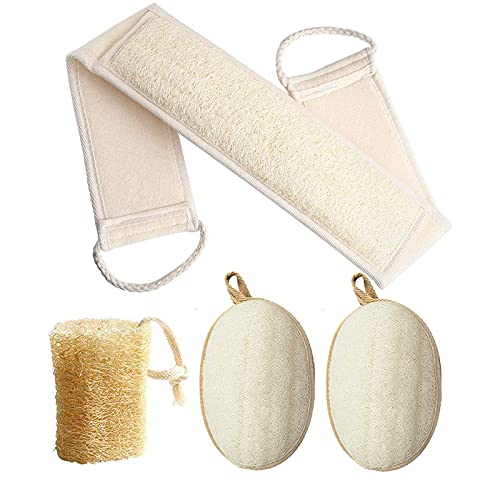 4 in 1 Exfoliating Natural Loofah Back Scrubber Set,Luffa Sponge(Short),Loofah Back Scrubber and 2 Loofah Pads for Deep Clean&Invigorate Your Skin,Loofah Exfoliating Scrubber Set for Women and Men