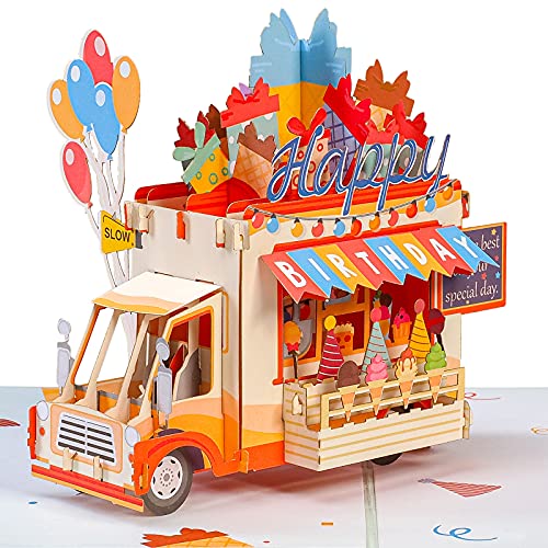 Paper Love Happy Birthday Ice Cream Truck Pop Up Card, For Adults and Kids – 5″ x 7″ Cover – Includes Envelope and Note Tag