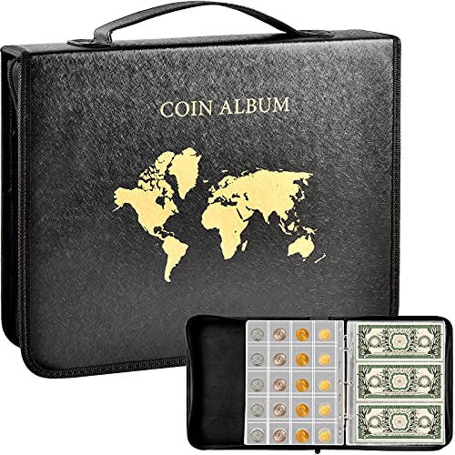 Coin Collection Book Holder for Collectors, 200 Pockets Coins Collecting Album & 30 Sleeves Paper Money Display Storage Case for Coin Currency Collection Supplies, Bill, Pennies, Quarters, Stamp