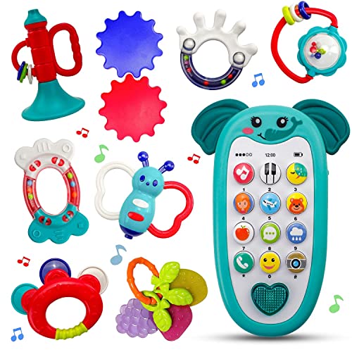 Baby Rattle Teether Toy Phone Set, 10PCS Infant Newborn Baby Toys 6 to 12 Months, Grab Spin Rattle Shaker with Storage Box, Infant Teething Toys for Toddlers Boys Girls