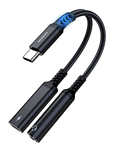 ZOOAUX USB C to 3.5mm Headphone and Charger Adapter,2 in 1 USB C to Aux Audio Jack with PD 60W Fast Charging Dongle Cable Cord,Compatible with S22/S21/S20/S20+ Ultra, Note 20/10,Pixel 4/3 XL(Black)