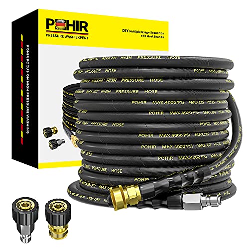 POHIR Pressure Washer Hose 50 ft with 3/8 Inch Quick Connect, Kink Resistant High Tensile Wire Braided,with 2 pcs M22 14mm Adapter Set, 4200 PSI Power Washer Hose
