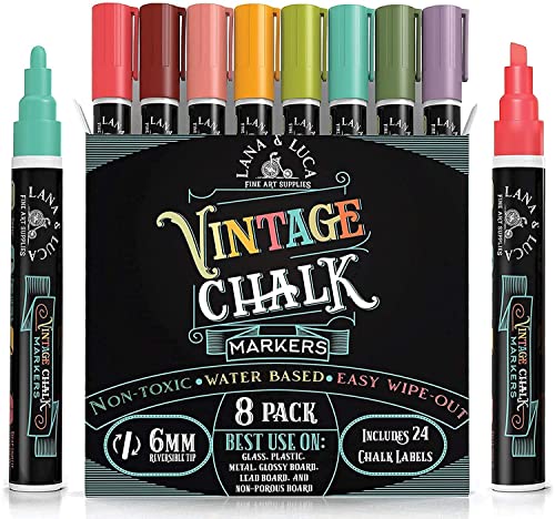 LANA & LUCA Liquid Chalk Markers – Wet Erase Marker Pens – for Chalkboards Signs, Windows, Blackboard, Glass – 6mm Reversible Tip (8 Pack) – Vintage Colors Multicolor