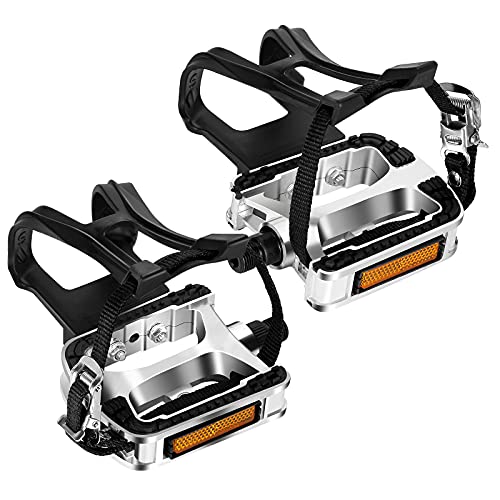 VIEWALL Bike Pedals Toe Cages – 9/16″ Spin Bike Pedal with Straps and Toe Clips for Outdoor Cycling and Indoor Exercise Bike, Replacement Alloy Multi-Purpose Bicycle Pedals