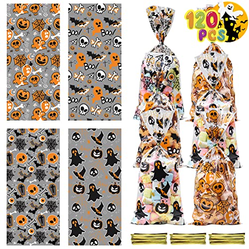 JOLOT 120PCS Halloween Cellophane Candy Treat Bags,Halloween Clear Cellophane Trick or Treat Goodie Bags with 150 Twist Ties,Clear Candy Cookie Bags for Halloween Party Favors¡­