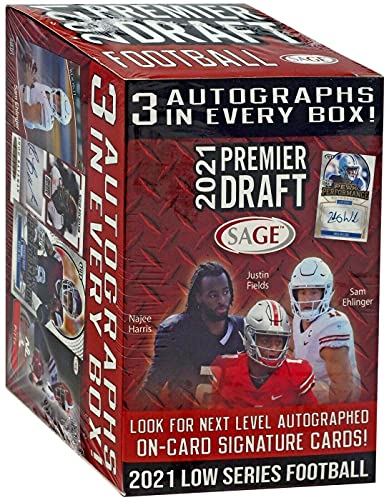 2021 SAGE Hit Premier Draft Low Series Football BLASTER box (63 cards/bx incl. THREE Autograph cards)