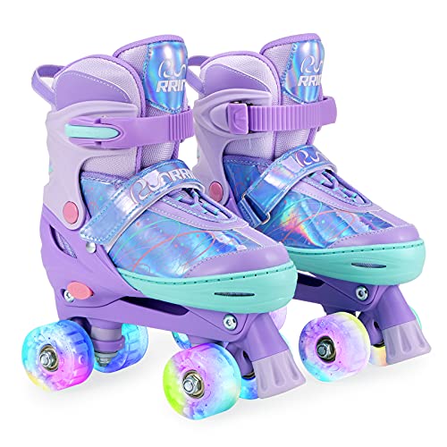 RunRRIn Kids Roller Skates for Girls 4 Size Adjustable Purple Quad Skate with Light Up Wheels for Children Indoor and Outdoor