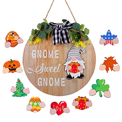 Interchangeable Gnome Sweet Gnome Welcome Sign Wooden Seasonal Wreath with Magnet Holiday Icons Pieces for Front Porch Door Housewarming Gift Rustic Farmhouse Home Wall Hanger Decor 12″