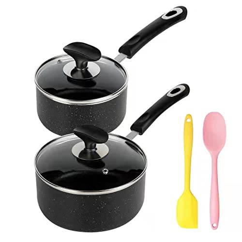 RATWIA Nonstick Saucepan Set – 1 Quart and 2 Quart,Ultra Non Stick Sauce Pan Small Pot with Glass Lid ,Great for Home Kitchen Restaurant,Black