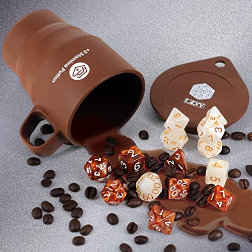 DND Coffee & Sugar Themed Dice Set (14 PCS) with +3 Stamina Potion Silicone Mug for Storage, 7 Acrylic Resin Polyhedral Gaming Dice for Dungeons and Dragons, Pathfinder and Tabletop RPG