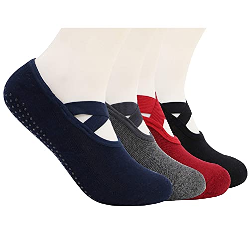 Runn Non Slip Yoga Socks for Women, Non Skid with Grips Barre Pilates Socks, Ideal for Home & Indoor Yoga, Ballet, Pilates, Barre, Dance, (Black/D.Blue/Gray/Burgundy)