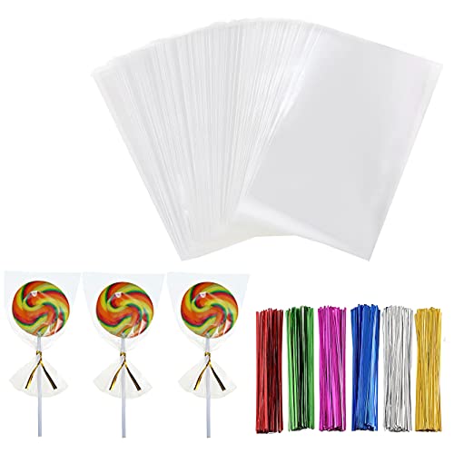 Macoota 200 Pcs 3″ x 5″ Small Clear Thick Cello Treat Bags Flat Cellophane Bags With 6 Colors Twist Ties Packaging Wrapping Cookies Candies Popcorn Gift Cellophane Bags