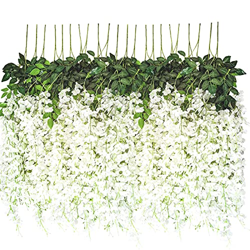 24 Pack Wisteria Artificial Hanging Flowers 3.6 Ft White Fake Silk Flower Vines Rattan Garland Long String Wisteria String Home Garden Wall Decoration Outdoor Wedding Party Ceremony Arch Floral Decor