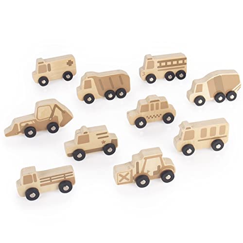 Guidecraft Mini Wooden Trucks – Set of 10: Toddlers Toy Set, Cement Mixer, Fire Truck, Police Car, Taxi Car, School Bus, Dump Truck, Ambulance, Fork Lift, Front Loader and Farm Truck Set