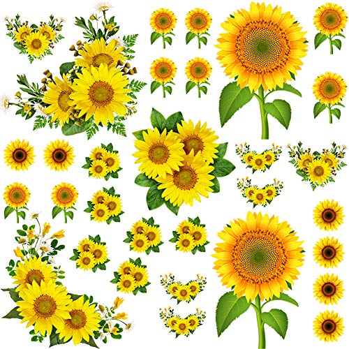 RW-ZSZ2881 31PCS Sunflower Wall Decals 3D Sunflower Yellow Daisy Flowers Wall Stickers Floral Decals DIY Removable Sunflower Green Leaves Wall Decor for Kids Baby Bedroom Living Room Bathroom Nursery