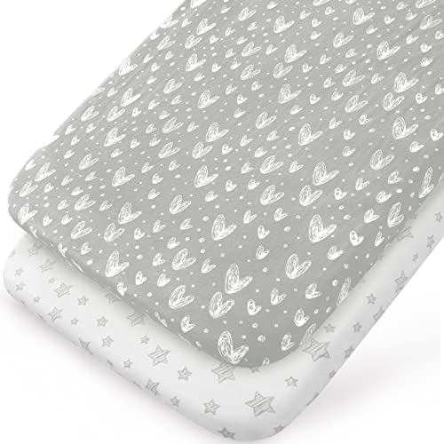 Bassinet Sheets Fit for Most Bedside Sleeper Bassinet & Bedside Crib Mattress, 2 Pack, 100% Jersey Knit Cotton Bassinet & Bedside Sleeper Sheets, Grey Hearts and White Stars Print for Baby