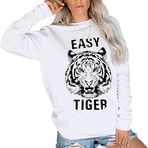 SLEITY Women Easy Tiger Sweatshirt Tiger Face Graphic Casual Fashion Pullover Sweatshirt Tops